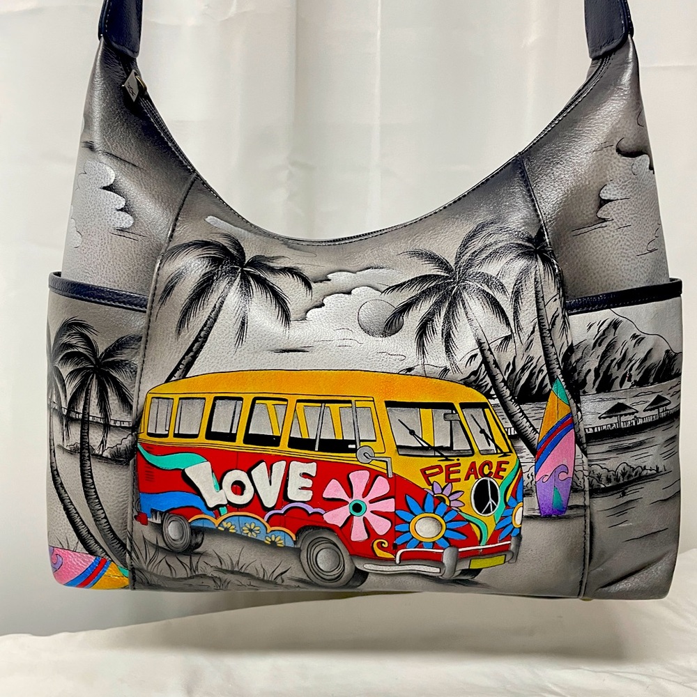 Anushka Bag All Leather Brand New Hand painted Happy Camper Peace VW Bus Large